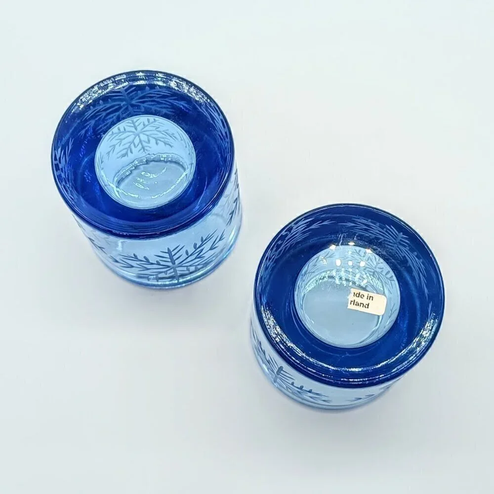 Handmade Swiss Blue Snowflake Glass Votive Candle Holders (2)